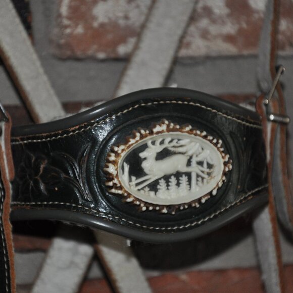 Vintage 70s Green Leather Lederhosen Munich Bavaria Oktoberfest Suspenders W 25" - Picture 2 of 4